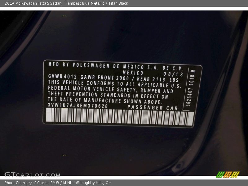 Tempest Blue Metallic / Titan Black 2014 Volkswagen Jetta S Sedan