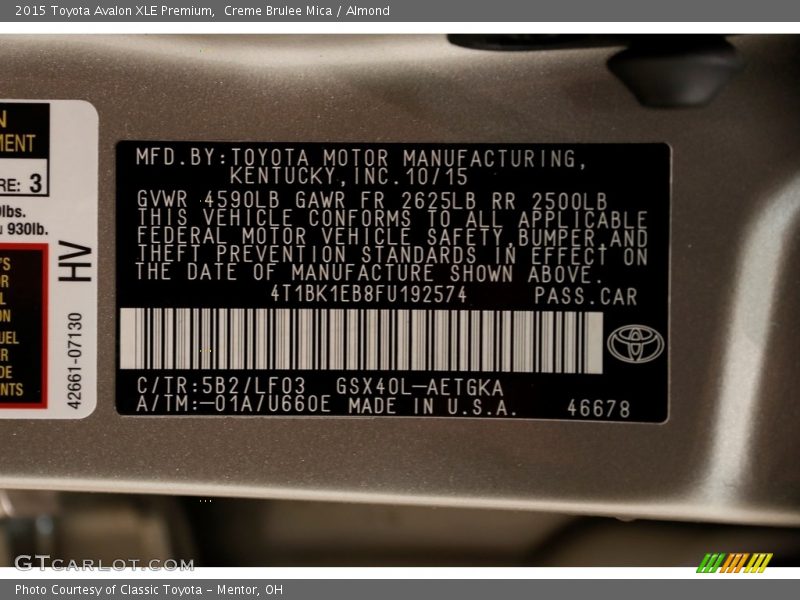 Creme Brulee Mica / Almond 2015 Toyota Avalon XLE Premium