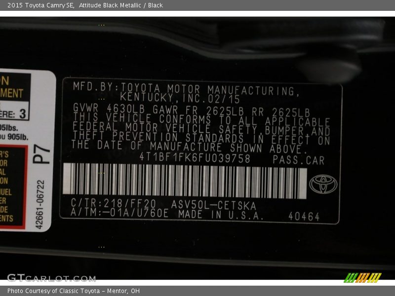 Attitude Black Metallic / Black 2015 Toyota Camry SE