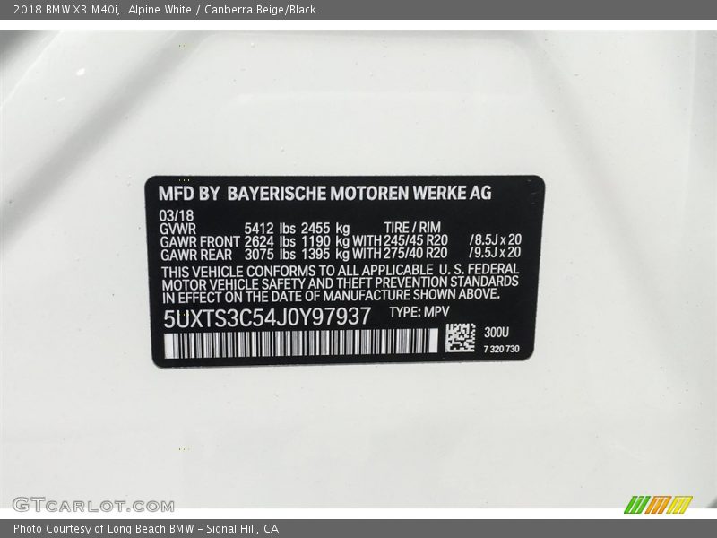 Alpine White / Canberra Beige/Black 2018 BMW X3 M40i