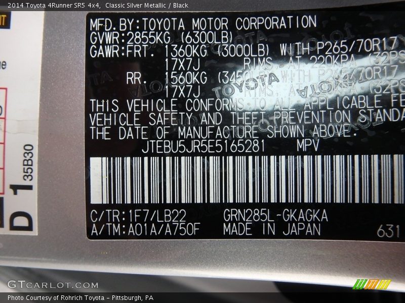 Classic Silver Metallic / Black 2014 Toyota 4Runner SR5 4x4
