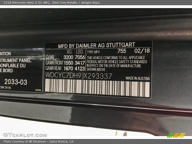 2018 G 63 AMG Steel Grey Metallic Color Code 755