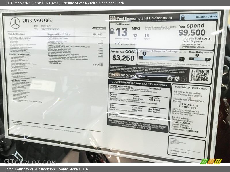  2018 G 63 AMG Window Sticker
