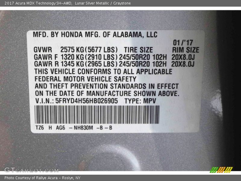 Lunar Silver Metallic / Graystone 2017 Acura MDX Technology SH-AWD