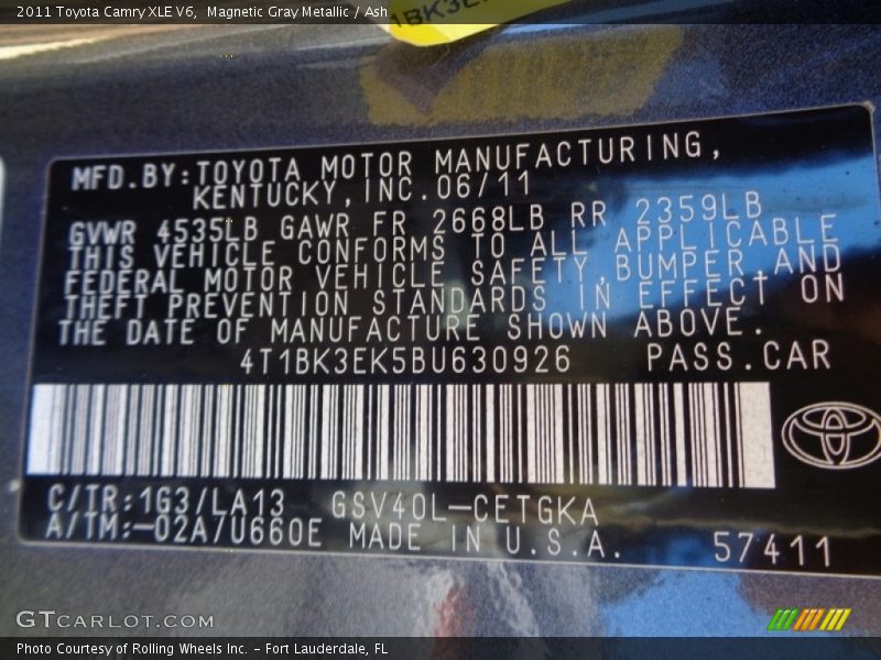 Magnetic Gray Metallic / Ash 2011 Toyota Camry XLE V6