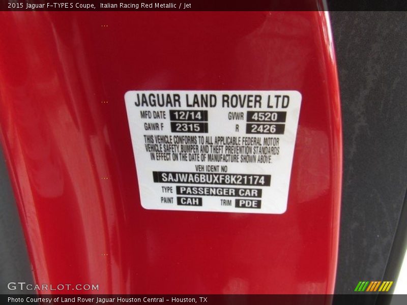 2015 F-TYPE S Coupe Italian Racing Red Metallic Color Code CAH