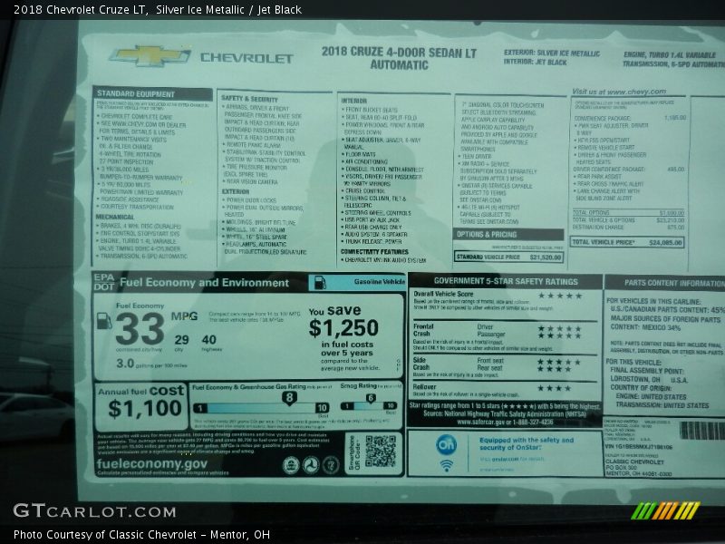 Silver Ice Metallic / Jet Black 2018 Chevrolet Cruze LT