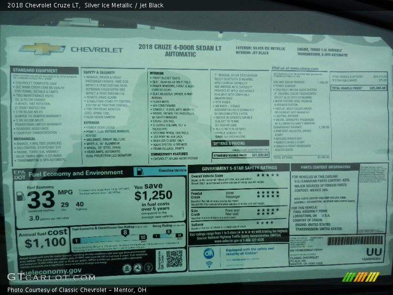 Silver Ice Metallic / Jet Black 2018 Chevrolet Cruze LT