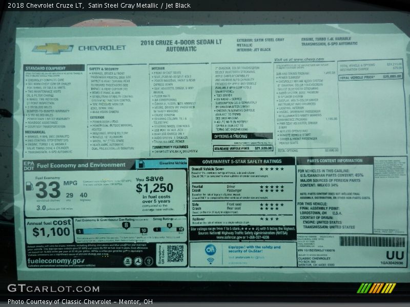Satin Steel Gray Metallic / Jet Black 2018 Chevrolet Cruze LT