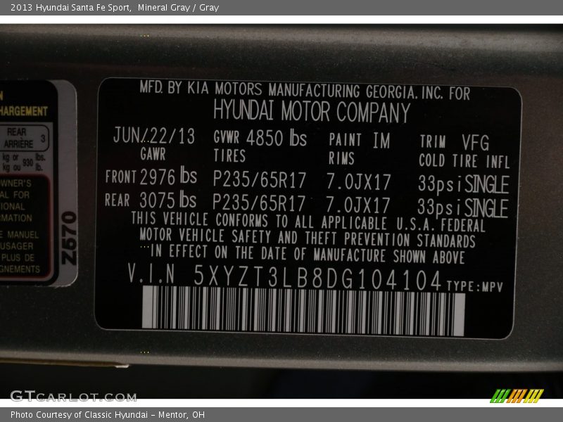 Mineral Gray / Gray 2013 Hyundai Santa Fe Sport