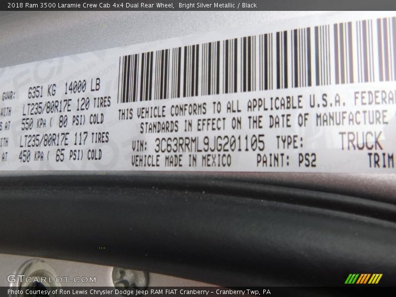 2018 3500 Laramie Crew Cab 4x4 Dual Rear Wheel Bright Silver Metallic Color Code PS2