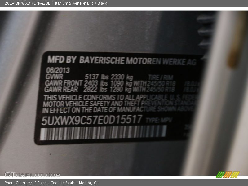 Titanium Silver Metallic / Black 2014 BMW X3 xDrive28i