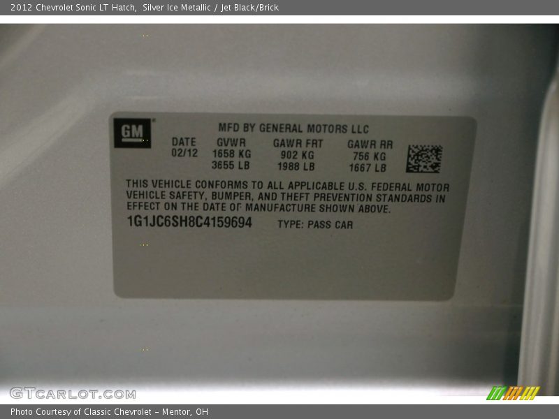 Silver Ice Metallic / Jet Black/Brick 2012 Chevrolet Sonic LT Hatch
