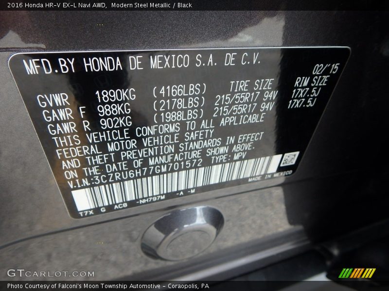 Modern Steel Metallic / Black 2016 Honda HR-V EX-L Navi AWD