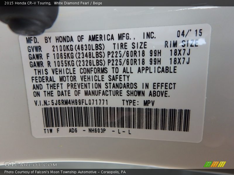 White Diamond Pearl / Beige 2015 Honda CR-V Touring