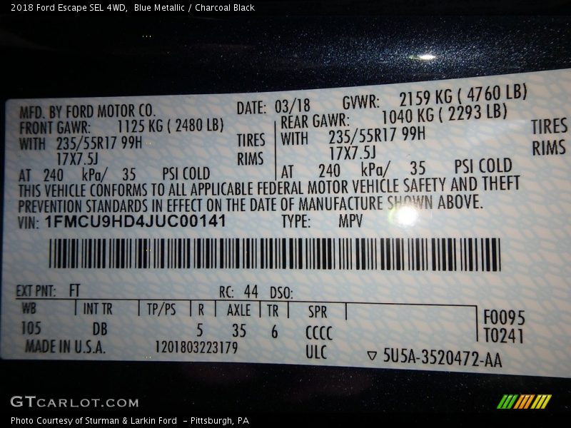 Blue Metallic / Charcoal Black 2018 Ford Escape SEL 4WD