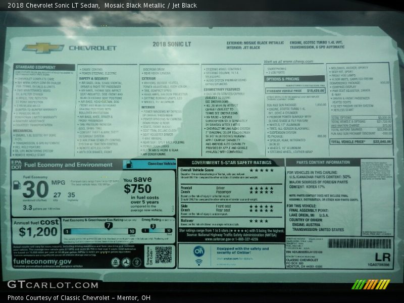  2018 Sonic LT Sedan Window Sticker