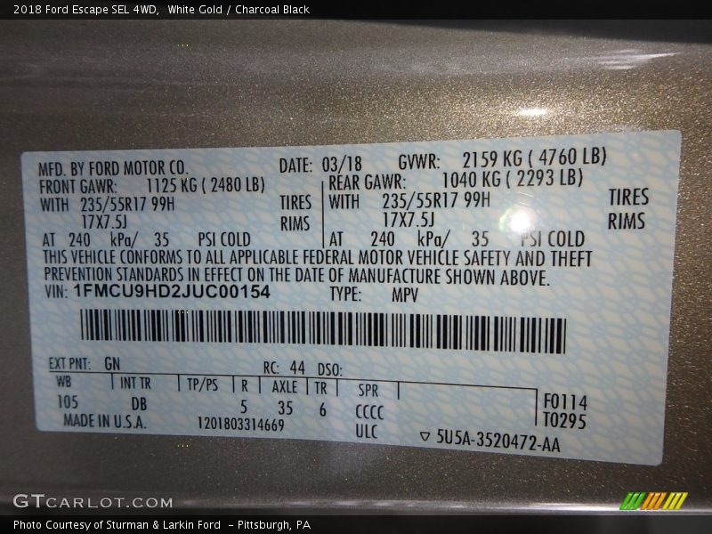 White Gold / Charcoal Black 2018 Ford Escape SEL 4WD
