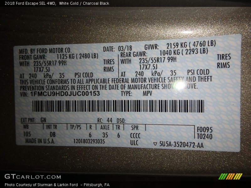 White Gold / Charcoal Black 2018 Ford Escape SEL 4WD