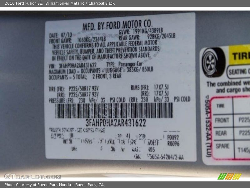 Brilliant Silver Metallic / Charcoal Black 2010 Ford Fusion SE