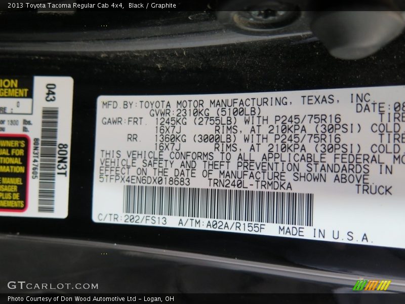 Black / Graphite 2013 Toyota Tacoma Regular Cab 4x4