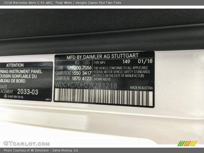 2018 G 63 AMG Polar White Color Code 149