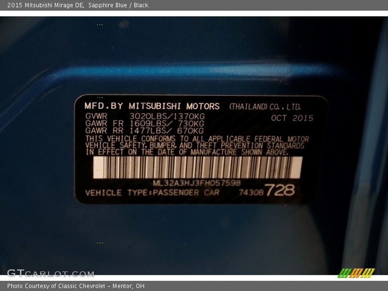 Sapphire Blue / Black 2015 Mitsubishi Mirage DE