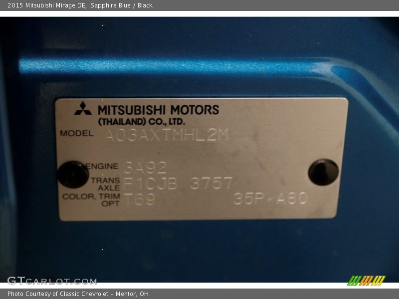 Sapphire Blue / Black 2015 Mitsubishi Mirage DE