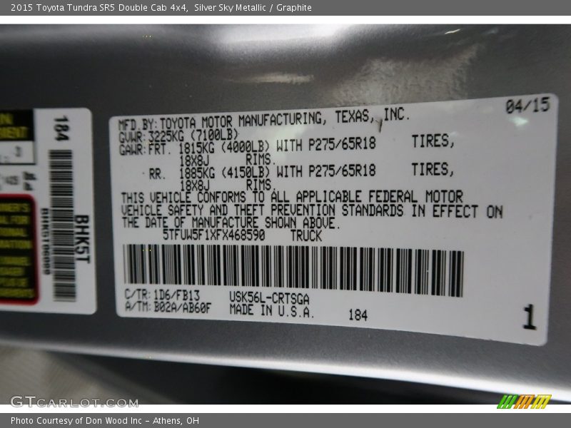 Silver Sky Metallic / Graphite 2015 Toyota Tundra SR5 Double Cab 4x4