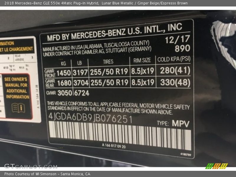 Lunar Blue Metallic / Ginger Beige/Espresso Brown 2018 Mercedes-Benz GLE 550e 4Matic Plug-In Hybrid