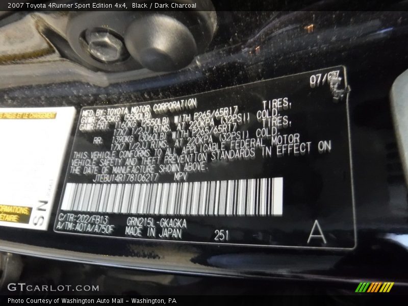 Black / Dark Charcoal 2007 Toyota 4Runner Sport Edition 4x4