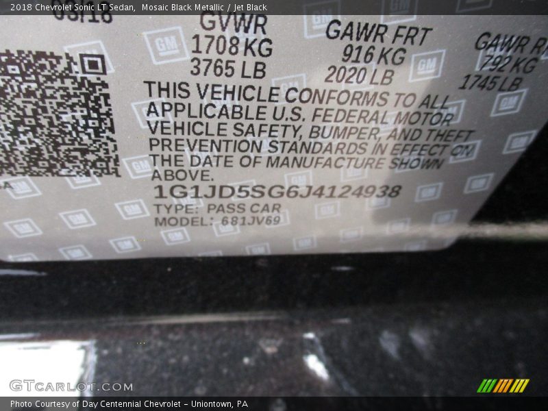 Mosaic Black Metallic / Jet Black 2018 Chevrolet Sonic LT Sedan