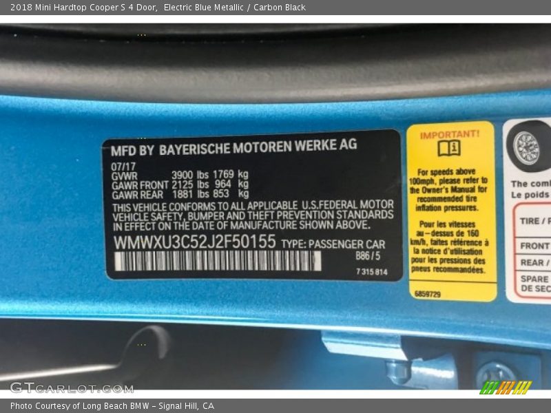 Electric Blue Metallic / Carbon Black 2018 Mini Hardtop Cooper S 4 Door