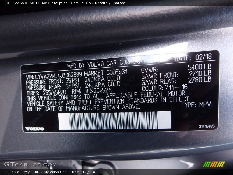 Osmium Grey Metallic / Charcoal 2018 Volvo XC60 T6 AWD Inscription