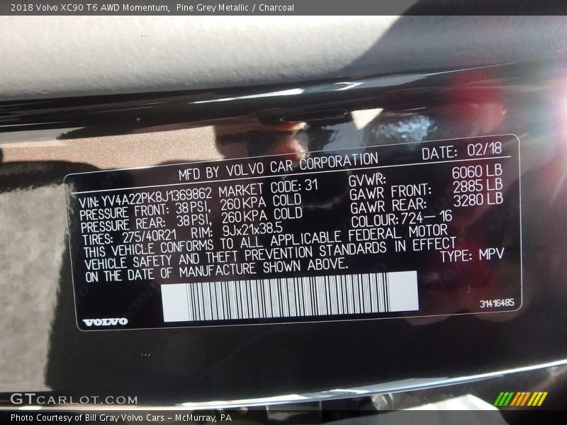 Pine Grey Metallic / Charcoal 2018 Volvo XC90 T6 AWD Momentum