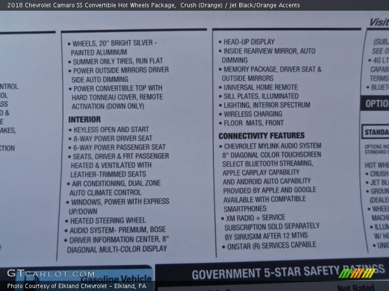 Crush (Orange) / Jet Black/Orange Accents 2018 Chevrolet Camaro SS Convertible Hot Wheels Package
