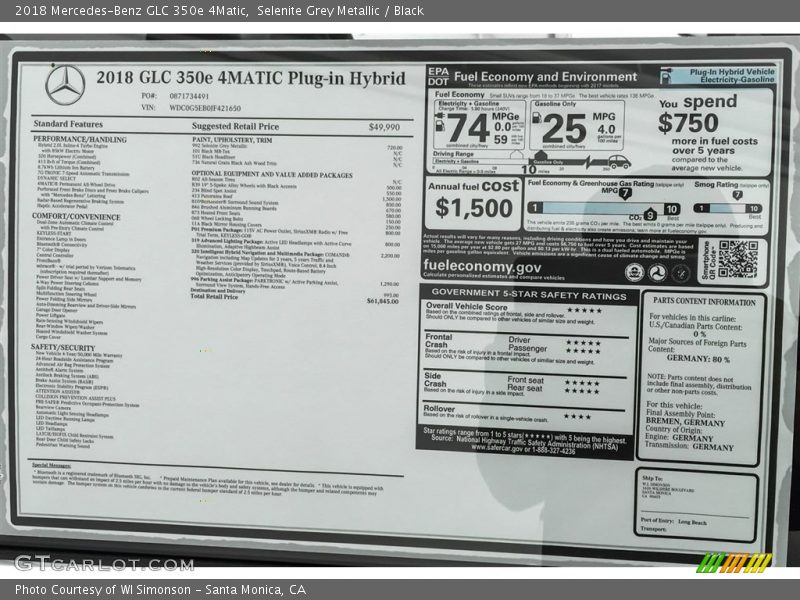  2018 GLC 350e 4Matic Window Sticker