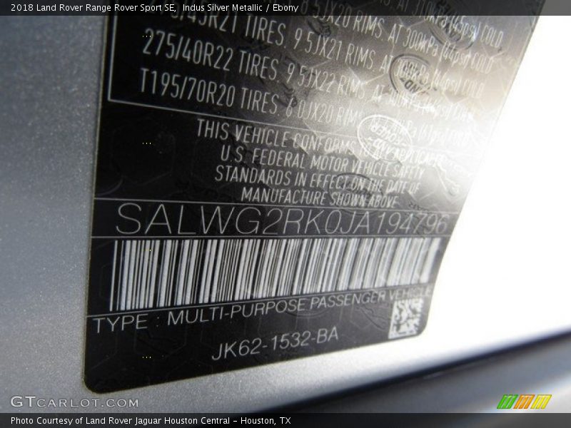 Indus Silver Metallic / Ebony 2018 Land Rover Range Rover Sport SE