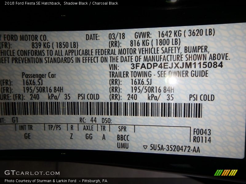 Shadow Black / Charcoal Black 2018 Ford Fiesta SE Hatchback