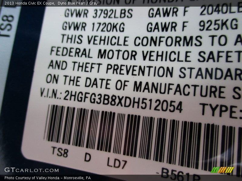 Dyno Blue Pearl / Gray 2013 Honda Civic EX Coupe