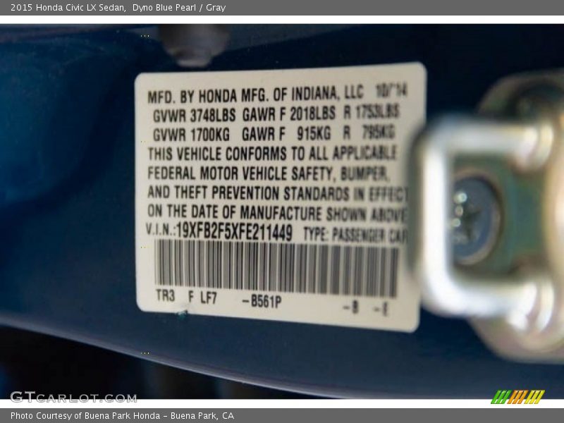 Dyno Blue Pearl / Gray 2015 Honda Civic LX Sedan