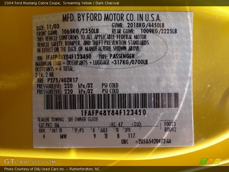 2004 Mustang Cobra Coupe Screaming Yellow Color Code D6