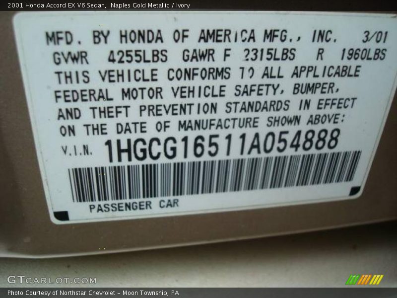 Naples Gold Metallic / Ivory 2001 Honda Accord EX V6 Sedan