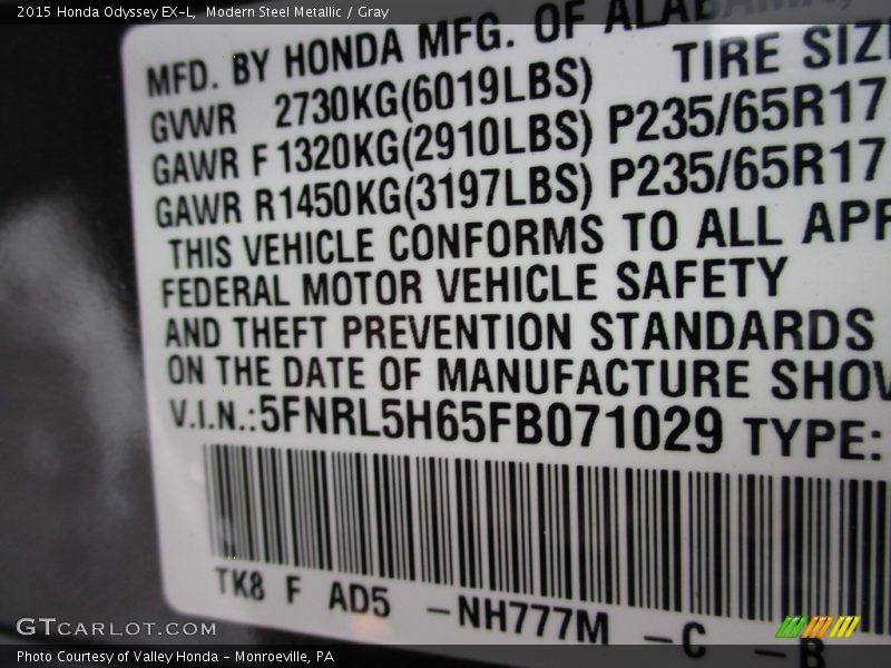 Modern Steel Metallic / Gray 2015 Honda Odyssey EX-L