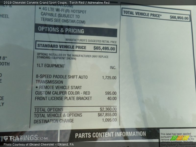  2019 Corvette Grand Sport Coupe Window Sticker