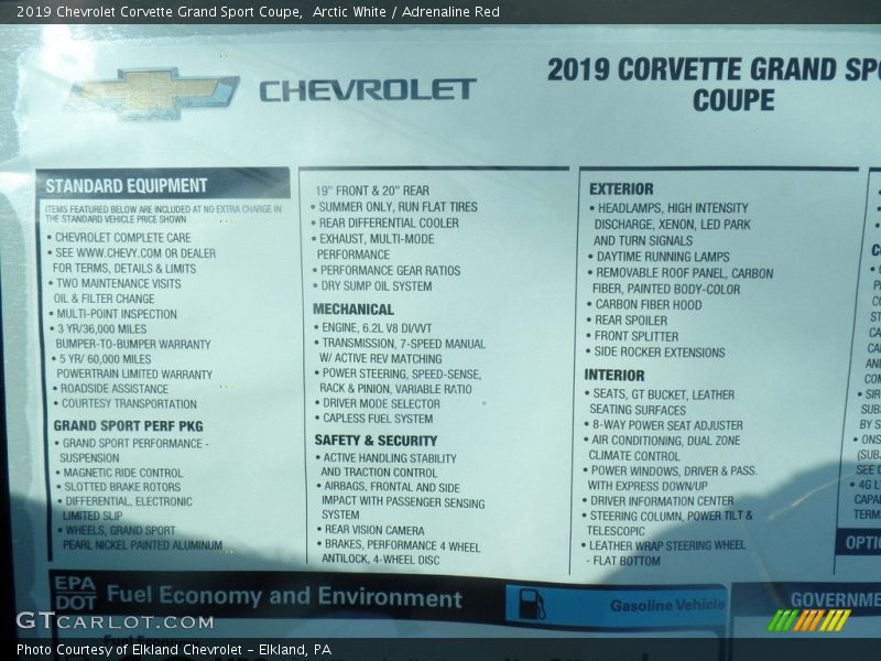 2019 Corvette Grand Sport Coupe Window Sticker