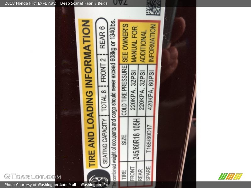 Info Tag of 2018 Pilot EX-L AWD