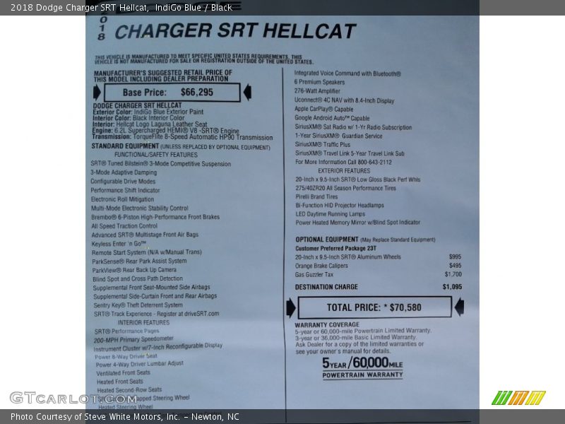  2018 Charger SRT Hellcat Window Sticker