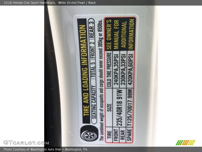 Info Tag of 2018 Civic Sport Hatchback