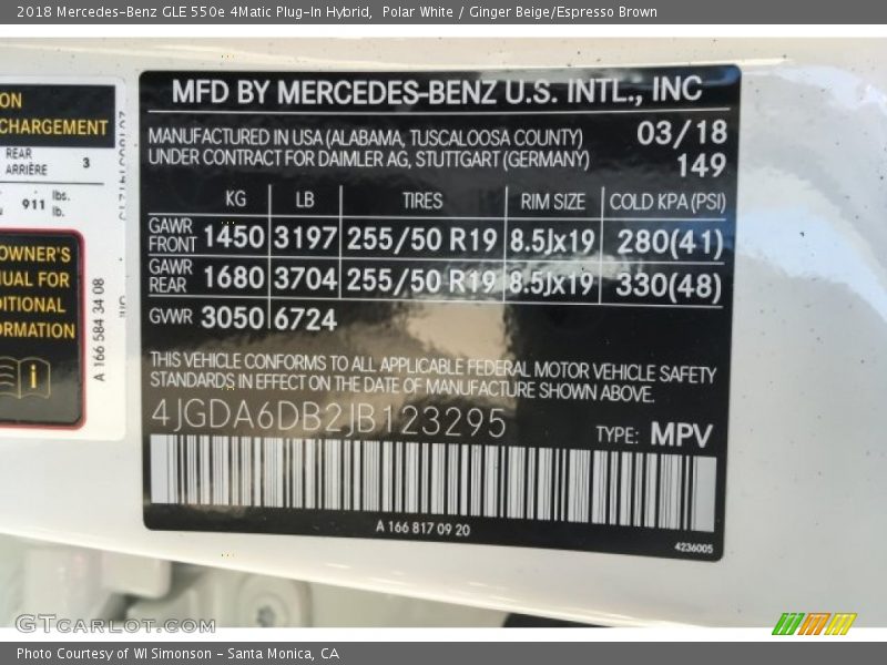 2018 GLE 550e 4Matic Plug-In Hybrid Polar White Color Code 149